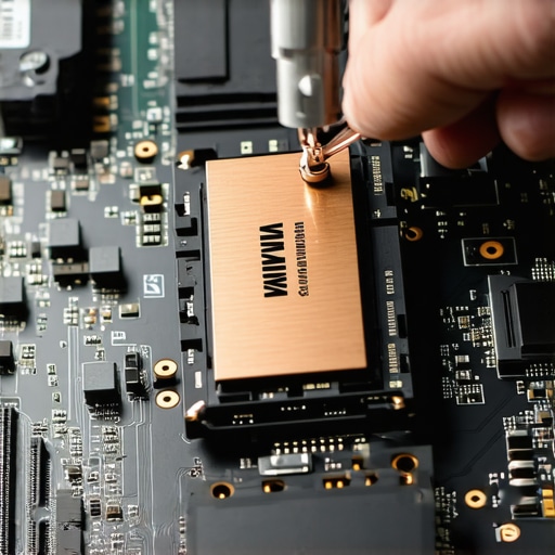 Professional SSD Installation and Cooling A technician installing a high-performance SSD with a heatsink on a professional workstation motherboard.