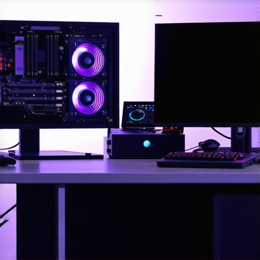 Professional Workstation Calibration and Cooling Setup Close up of a professional monitor being calibrated next to high-end PC hardware.