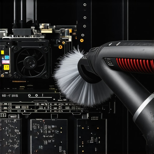 A technician using an electric duster to clean dust from a high-end workstation PC interior.