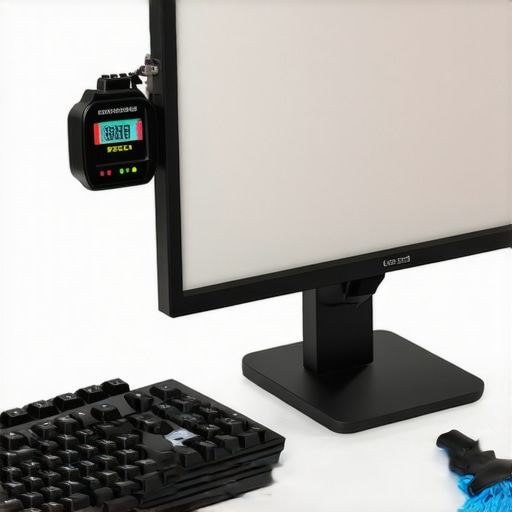 Professional Workstation Maintenance Tools Hardware colorimeter and cleaning tools on a professional workstation desk