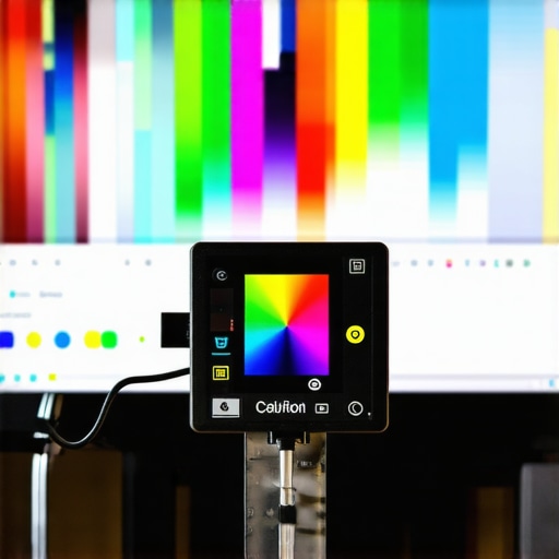Professional hardware colorimeter calibrating a monitor Hardware colorimeter tool on a computer screen for sRGB calibration