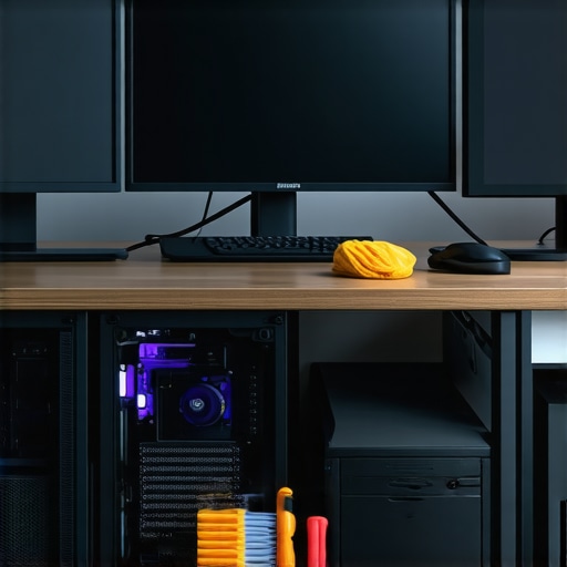 A high-end workstation PC setup with professional monitors and a UPS battery backup system for workflow stability.