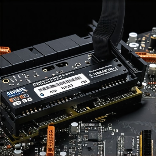 Workstation NVMe SSD Installation Close up of an NVMe SSD with a heat spreader being installed on a motherboard.