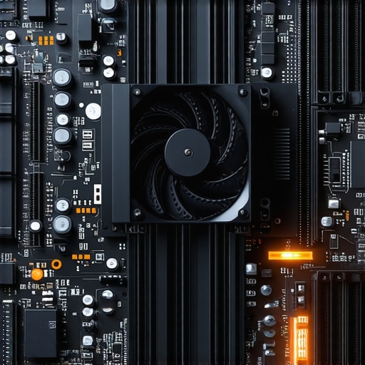 Close up of an NVMe SSD with a dedicated active heatsink and fan on a workstation motherboard.