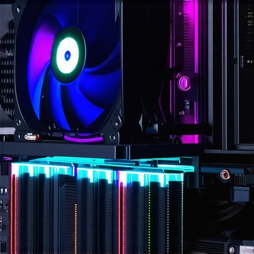 Close-up of a CPU cooler fan raised to fit tall RAM sticks on a motherboard.