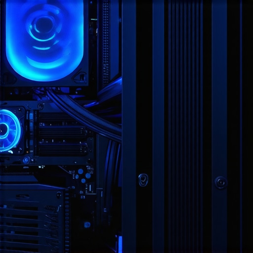 Advanced Workstation Cooling and Maintenance Setup Professional workstation interior with air cooling and system monitoring screen