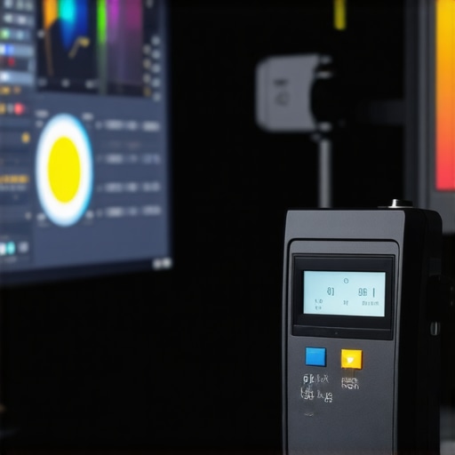 Advanced hardware monitor calibration in a professional studio A hardware colorimeter measuring color accuracy on a professional display.