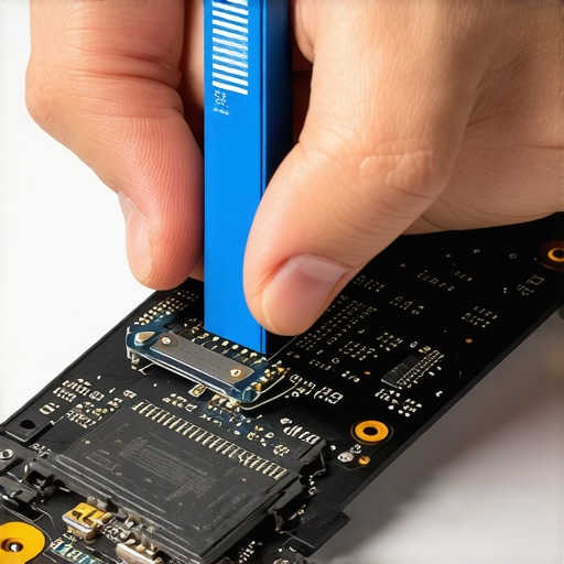 Applying Thermal Pads to a Dual Sided NVMe SSD A technician applying thermal pads to the back of a high capacity NVMe drive to improve cooling in a small factor PC.