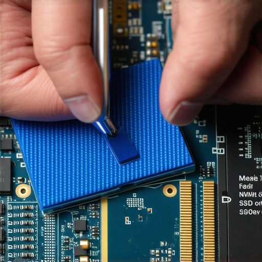 Applying a Thermal Pad to an NVMe SSD Close-up of a blue thermal pad being placed on an M.2 SSD for better heat dissipation.