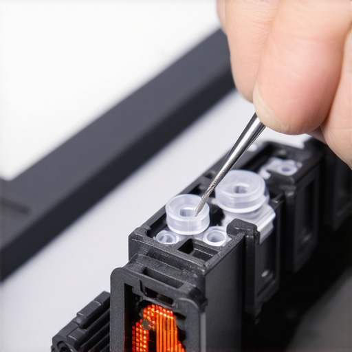 Applying a switch film for better keyboard sound Close-up of tweezers placing a switch film on a mechanical keyboard switch housing.