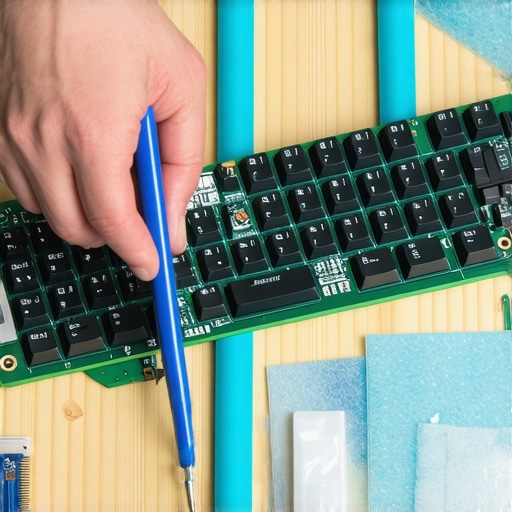 Applying the Tape Mod to a Mechanical Keyboard PCB Close-up of a DIY keyboard modification showing blue masking tape being applied to the circuit board for sound dampening.