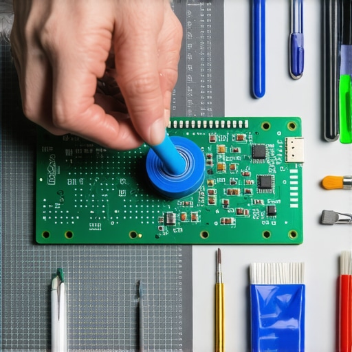 Applying the Tempest Tape Mod to a Mechanical Keyboard PCB Close-up of blue painter's tape being applied to a keyboard PCB to improve sound quality.
