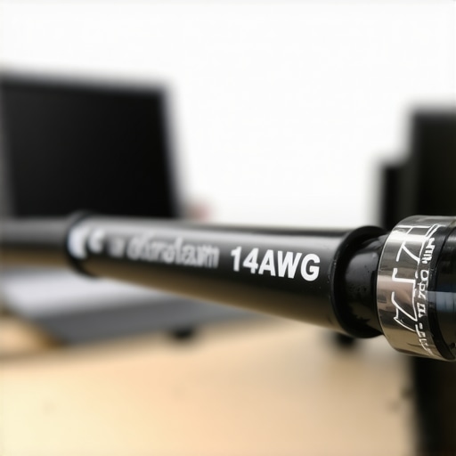 Close up of a 14 AWG power cable with UL certification markings for a workstation PC.