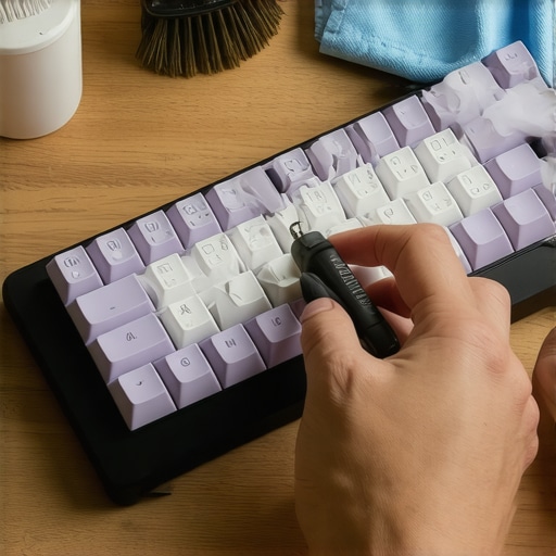 A person cleaning a high-end mechanical keyboard with professional tools.