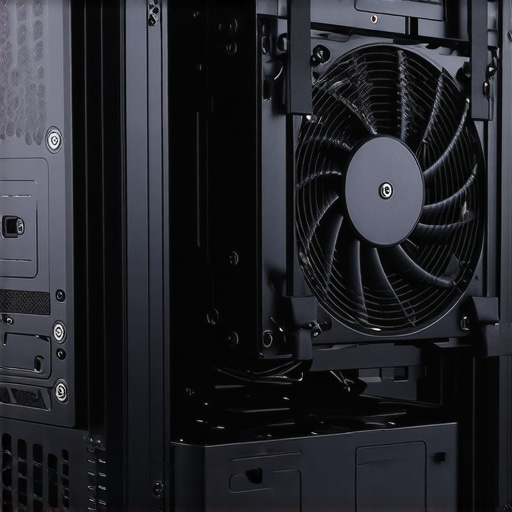 DIY PC Fan Zip Tie Mounting Close-up of a fan zip-tied to a workstation case for improved airflow.