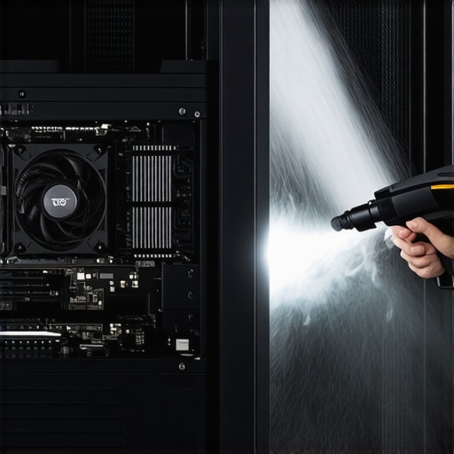 Deep Cleaning a Professional Rendering Workstation A person using an electric duster to remove dust from a high-end workstation PC interior.