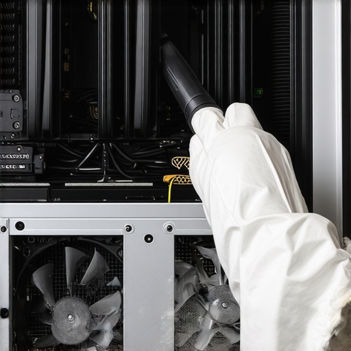 Deep Cleaning a Professional Workstation PC Electric duster cleaning dust from a high-performance PC heatsink and fans.