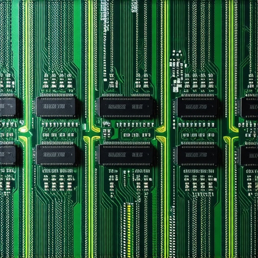 ECC DDR5 Memory Module Detail Close-up of a DDR5 ECC RAM module showing the error correction chips for a workstation PC.