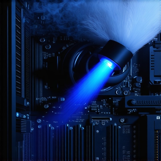 Cleaning a workstation PC with an electric duster to prevent thermal throttling.