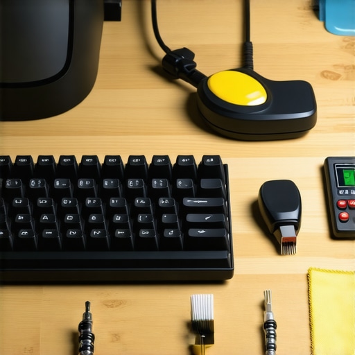 Close-up of keyboard cleaning and monitor calibration tools on a workstation desk.