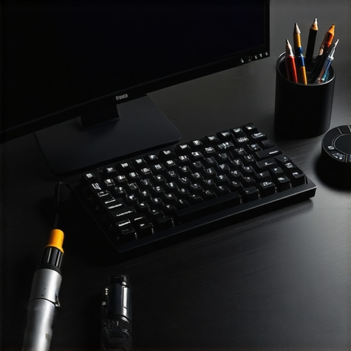Essential Professional Workstation Maintenance Tools A collection of professional maintenance tools including an electric duster and precision screwdrivers next to a high-end mechanical keyboard and workstation monitor.