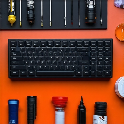 Essential Tools for Workstation Maintenance Professional toolkit and mechanical keyboard maintenance scene on a wooden desk