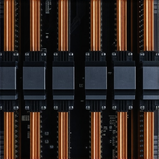 High-End Motherboard VRM Cooling Close-up of a professional workstation motherboard with heavy-duty VRM heatsinks for power delivery.