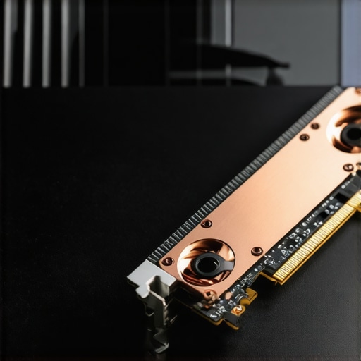 Close-up of an NVMe Gen 5 SSD with a specialized active cooling heatsink to prevent thermal throttling.