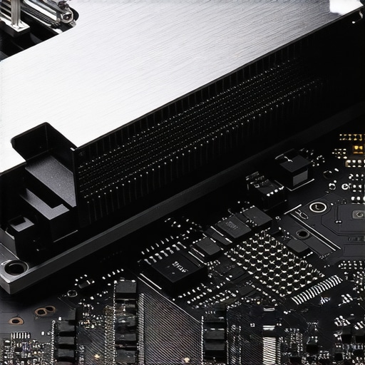 A high-end NVMe M.2 SSD with an aluminum heatsink installed on a workstation motherboard showing thermal management components.