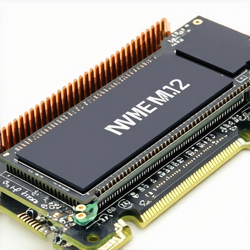 High-End SSD Thermal Management Close up of an NVMe SSD with a heavy duty heatsink for workstation thermal stability.