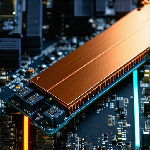 High-End SSD with Thermal Management A close-up view of an M.2 NVMe SSD with a heavy-duty heatsink to prevent thermal throttling.