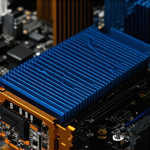 High-Endurance NVMe SSD with Professional Heatsink A professional M.2 SSD with a thick copper heatsink installed on a motherboard to prevent thermal throttling.