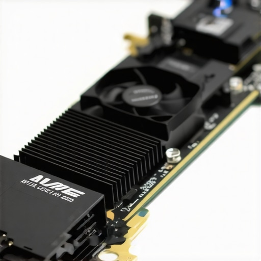 High-Performance NVMe SSD with Active Cooling A professional NVMe Gen 5 solid state drive featuring a dedicated heatsink and active cooling fan for sustained performance.