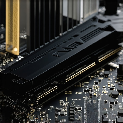 High-Performance NVMe SSD with Heatsink A professional grade NVMe SSD with a thermal heatsink mounted on a motherboard for maximum productivity.