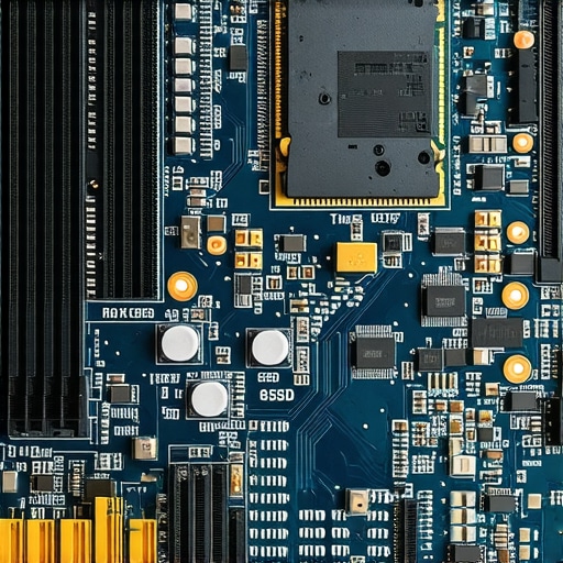 Close-up of an NVMe SSD mounted on a workstation motherboard with a protective thermal heatsink.