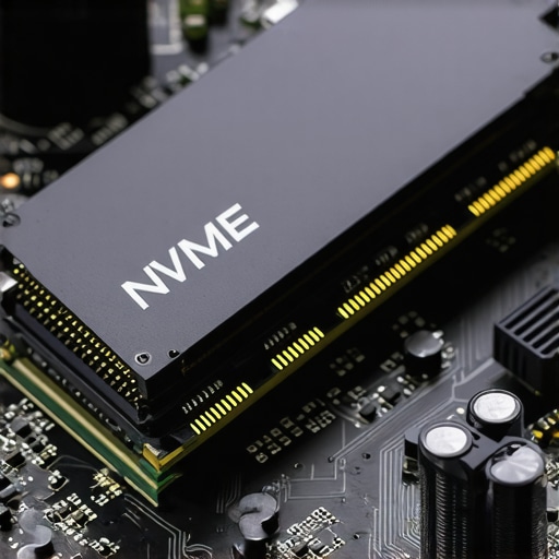 High-Performance Workstation Storage Installation A professional NVMe SSD with a heatsink being installed into a workstation motherboard.