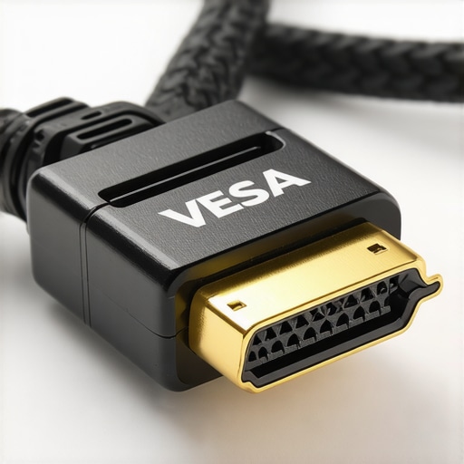 High-quality braided DisplayPort cable with VESA certification A close-up of a premium braided cable showing the connector and certification mark for high-bandwidth data transfer