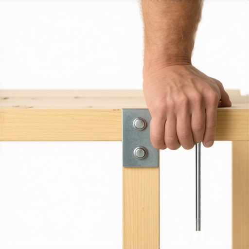 A close-up of a metal cross-brace being attached to a desk to prevent wobbling and improve workstation stability.