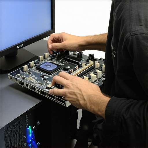 Installing a Dedicated Video Playback Card Close-up of a professional PCIe playback card being installed into a workstation for color accurate monitoring.