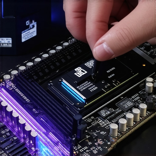Installing a High-End NVMe SSD into a Workstation Motherboard An NVMe SSD being placed into an M.2 slot with thermal management focus.