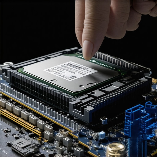 Professional technician installing an NVMe SSD with a dedicated heatsink on a workstation motherboard.