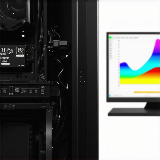 Maintained Workstation with Air Cooling and Calibrated Monitor Internal view of a clean professional workstation rig and a monitor showing calibration software