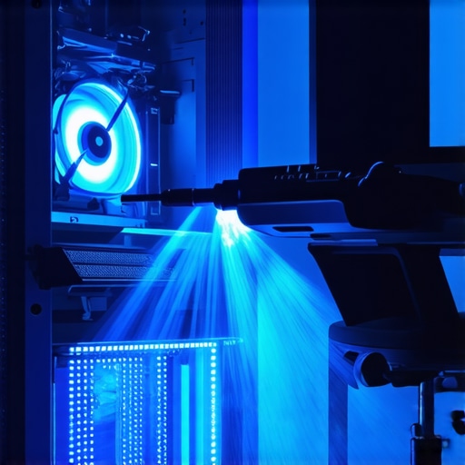 Electric duster cleaning a PC motherboard and fans to maintain performance