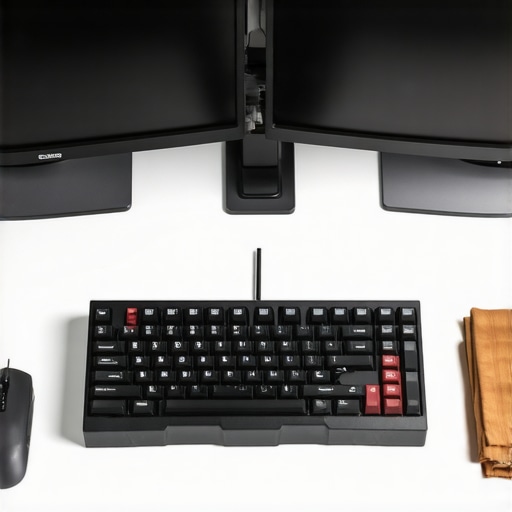 Maintaining a Professional Workstation Setup A clean professional workstation with two monitors and a mechanical keyboard illustrating proper maintenance habits.