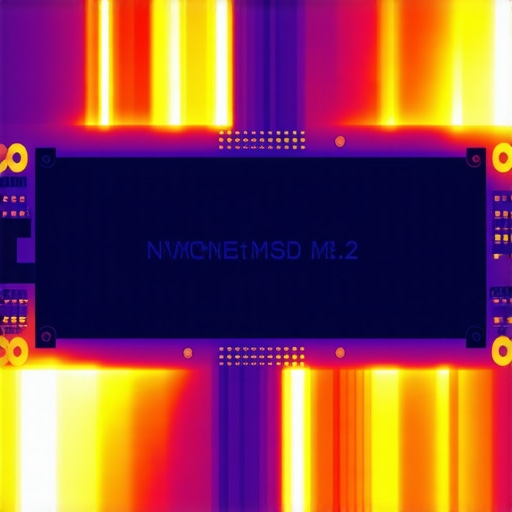 NVMe SSD Thermal Throttling Visualization Thermal camera view of a high-speed NVMe SSD showing heat zones on the controller.