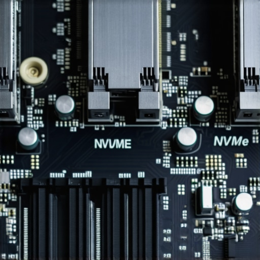NVMe Slots on a Professional Motherboard Close-up of M.2 NVMe storage slots on a workstation motherboard illustrating hardware layout.