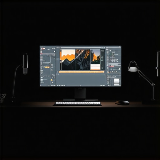 Optimized Glossy Monitor Studio Layout A professional workstation setup with a glossy monitor and controlled lighting to eliminate reflections.