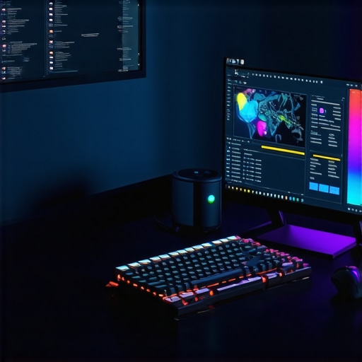 Optimized Professional Workstation Monitoring Setup Close up of a workstation with system monitoring tools and mechanical keyboard