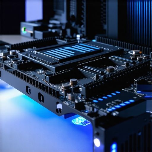 A high-performance NVMe SSD with a professional-grade heatsink installed in a workstation motherboard.