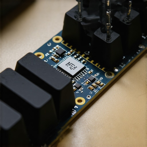 Close up of a keyboard PCB with dampening foam showing a cutout for the controller chip to prevent overheating.